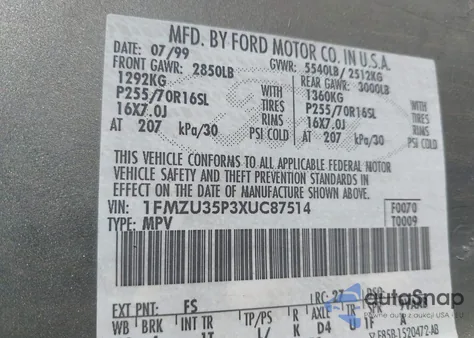 1999 Ford Explorer Eddie Bauer/Limited/Xlt from USA, damaged, VIN 1FMZU35P3XUC87514